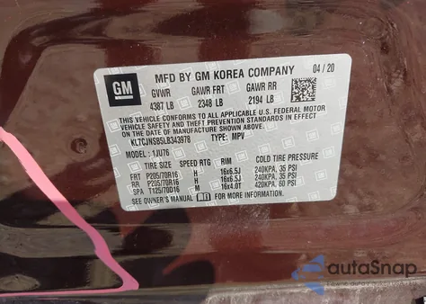 2020 Chevrolet Trax Awd Ls из США, поврежденный, VIN KL7CJNSB5LB343978